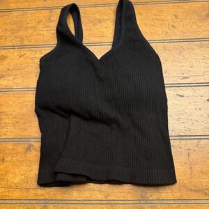 Revival Black Ribbed V Neck Tank Top Sleeveless Built in Bra OS